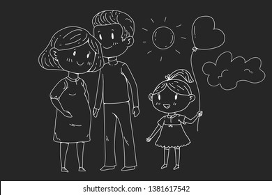 Cartoon family with pregnant woman and little children.