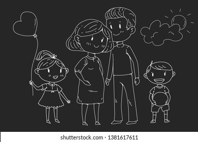 Cartoon family with pregnant woman and little children.