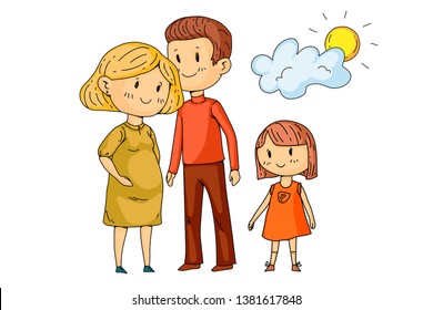 Cartoon family with pregnant woman and little children.