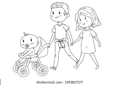 Cartoon family with pregnant woman and little children.