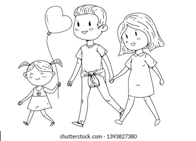 Cartoon family with pregnant woman and little children.