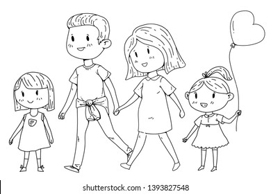 Cartoon family with pregnant woman and little children.