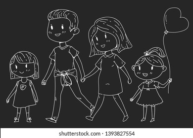 Cartoon family with pregnant woman and little children.