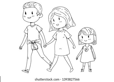 Cartoon family with pregnant woman and little children.