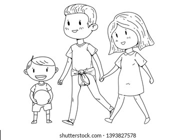 Cartoon family with pregnant woman and little children.