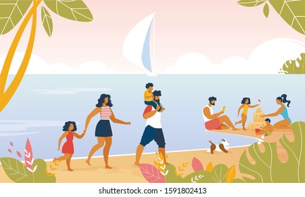 Cartoon Family Resort on Tropical Seaside. Happy Parents and Kids Rest on Sandy Sunny Beach near Sea or Ocean. Walking, Building Sand Castle. Sail-Boat Drifting on Horizon. Vector Flat Illustration