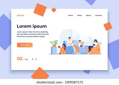 Cartoon family sitting at home with gadgets isolated flat vector illustration. Mom, dad, kids or with children phones and tablets. Lifestyle, problem and social media concept