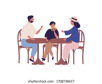 Cartoon family sitting at table in cafeteria vector flat illustration. Colorful parents and kid boy having lunch at outdoors bistro isolated on white background. Mother, father and son eat together