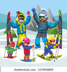Cartoon family skiing in snowy hills together