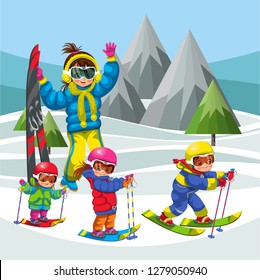 Cartoon family skiing in snowy hills together. mother with kids