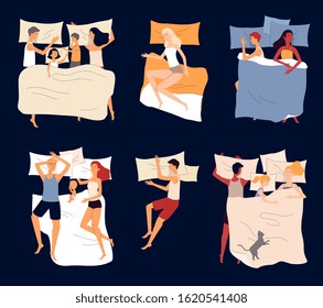 Cartoon family sleep position set - parents, children and single people sleeping in bed together or apart with pillows and blankets. Flat isolated vector illustration.