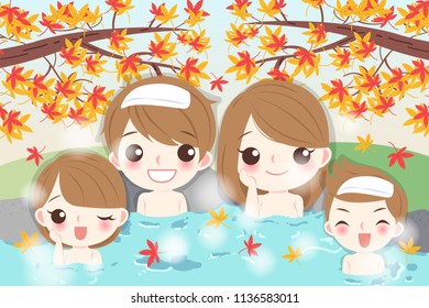 cartoon family smile happily with hot spring