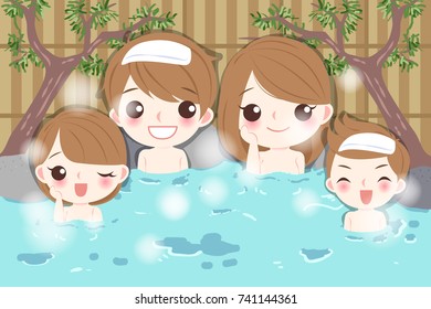 cartoon family smile happily with hot spring