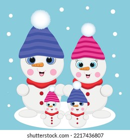 Cartoon family of snowmen with dad, mom and children: daughter and son.