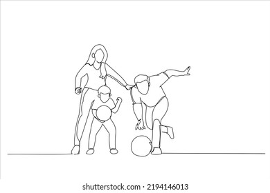 Cartoon of family spending time together in bowling club. Continuous line art style
