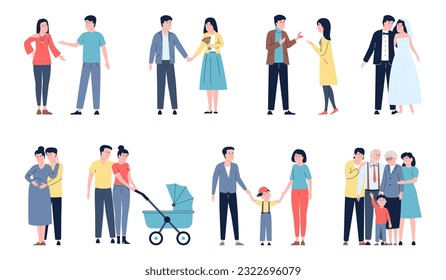 Cartoon family stages characters. Student couple, parents with child and pram. Marriage, friendship and relationship step by step recent vector set