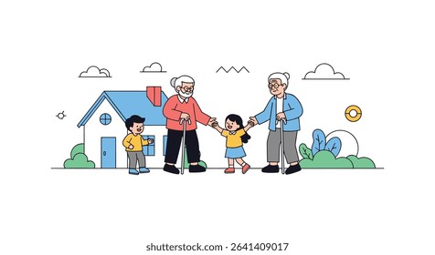 A Cartoon Family Standing Outside their House: Grandparents and Grandchildren Spending Time