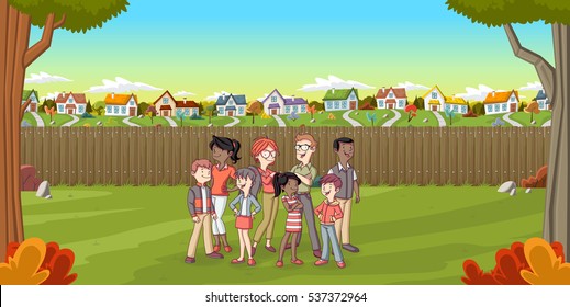 Cartoon family in suburb neighborhood. Green park landscape with grass, trees, and houses.
