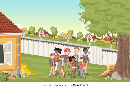 Cartoon Family In Suburb Neighborhood. Green Park Landscape With Grass, Trees, And Houses.