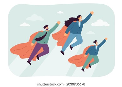 Cartoon family of superheroes flying up. Flat vector illustration. Mother, father, daughter as powerful rescue team in suits with flying capes. Family, power, business, teamwork, imagination concept