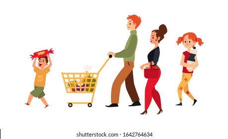 Cartoon family at supermarket with shopping cart - isolated flat vector illustration on white background. Happy parents and children buying food and drink.