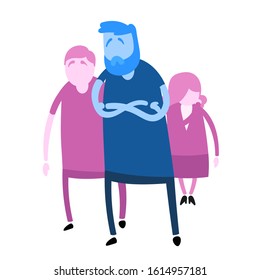 Cartoon family of three, adult man, teenager, and a woman. Cartoon design icon. Flat vector illustration. Isolated on white background.