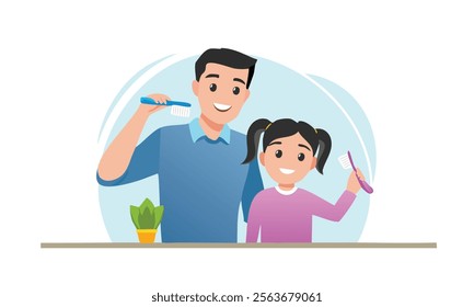 cartoon family toothbrush, father and daughter