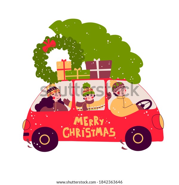 Cartoon family tree car for decoration design.\
Merry christmas.