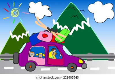cartoon family trip to the mountains vector illustration