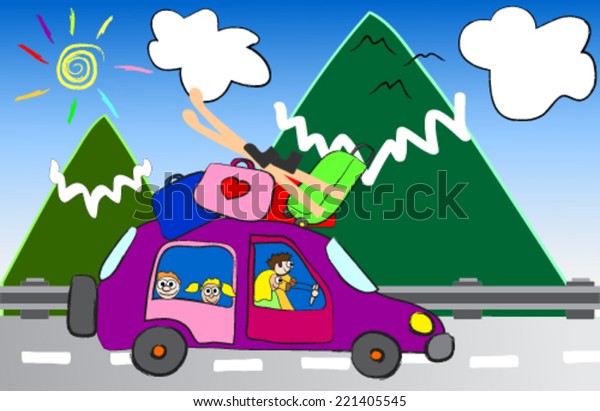 cartoon\
family trip to the mountains vector\
illustration