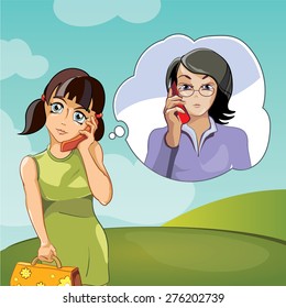 Cartoon Family, Two Women , Mother And Daughter Talking On Phone, Vector Illustration