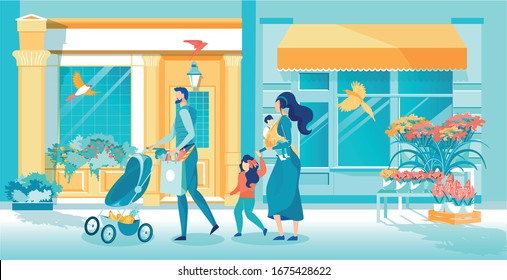Cartoon Family Walk Street after Shopping.Father with Pram, Mother with Little Children. Volunteer Man Help Single Mother. Buy Healthy Food at Grocery Store. Shopping Bag with Vegetable Fruit