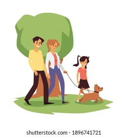 Cartoon family walking a dog in summer nature isolated on white background. Happy parents and child on walk in the park with pet animal on leash, vector illustration