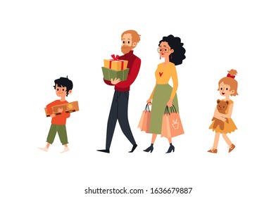 Cartoon family walking with shopping bags, gift boxes and toys isolated on white background, cute parents and children holding purchases - flat vector illustration