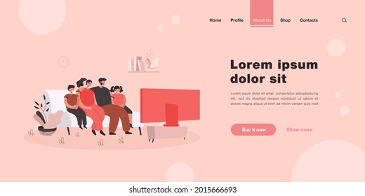 Cartoon family watching TV at home in living room together. Flat vector illustration. Happy man and woman with kids relaxing on couch, enjoying movie at home. Entertainment, technology, family concept