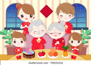 cartoon family wear cheongsam with new year on the red background