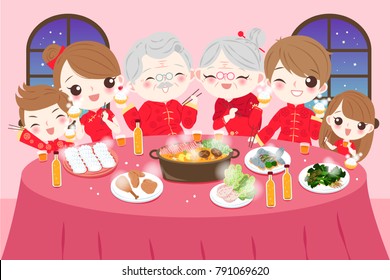 cartoon family wear cheongsam with year dishes in the home