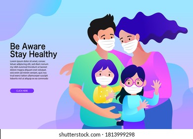 Cartoon family wearing medical face mask stay at home vector illustration. Covid-19 coronavirus quarantine campaign. Vector flat design.