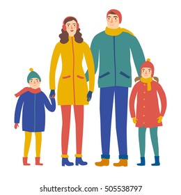 Cartoon family in winter clothes. Mother, father, daughter and son together. Seasonal illustration for your design.