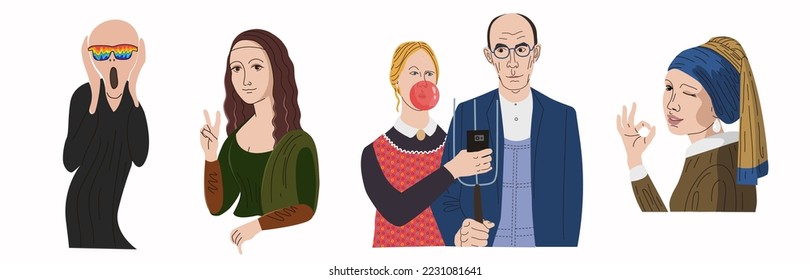 Cartoon berühmter Gemälde in Vektorgrafik. Mona Lisa zeigt ein Friedenszeichen. American Gothic in the Modern World. Galerie von Kunstwerken. Meisterwerke der Weltkunst. Figuren aus Gemälden