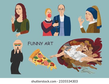 dibujos animados famosos en vector. Mona Lisa muestra una señal de paz. Gótico americano en el mundo moderno. Galería de obras de arte. obras maestras de arte mundial. personajes de imágenes. 