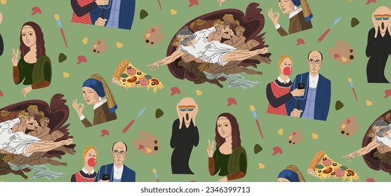 cartoon famous paintings in vector. Mona Lisa shows a peace sign. American Gothic in the Modern World. Gallery of works of art. masterpieces of world art. characters from pictures. Seamless pattern