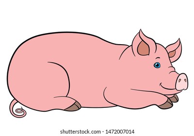 Cartoon famr animals. Cute piglet lays and smiles.