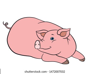 Cartoon famr animals. Cute piglet lays and smiles.