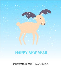 Cartoon fan, cute reindeer on blue, snow sky, Happy New Year stock vector illustration for typography banner, for congratulation card, greeting card