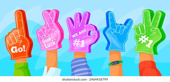 Cartoon fan fingers. Soccer fans hand in foam glove cheering, sports fanatics cheer concept stadium crowd hands encourage support football best sport team, vector illustration of cartoon fan football