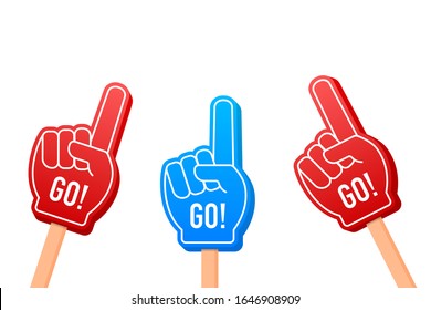 Cartoon Fan Foam Color Gloves on Hands. Hand up with Go. Vector stock illustration.