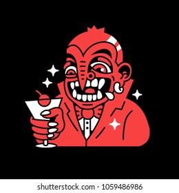 Cartoon, fancy, festive red vampire character in costume with cocktail in hand. Vector, isolated