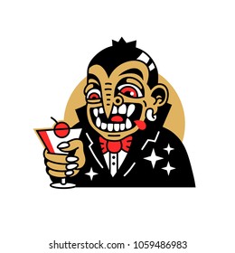 Cartoon fancy festive vampire character with cocktail in hand. Vector, isolated