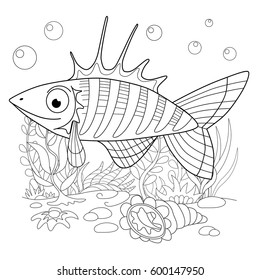 Cartoon fanny fish. Underwater life of the sea and ocean. Illustration of a coloring page.